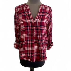 SOFT JOIE RED PLAID V NECK PULLOVER LONG SLEEVE ROLL TAB SHIRT SIZE XS COMFY
